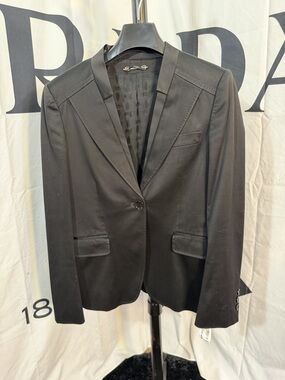 Gucci Women's Black Blazer Size 42 Tailored Jacket Leather Trim One Button